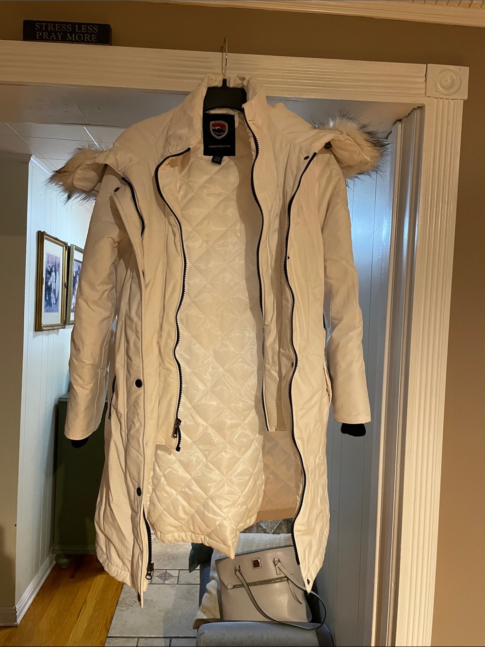 1 Madison Quilted Long Puffer Coat with Faux Fur Trim - White